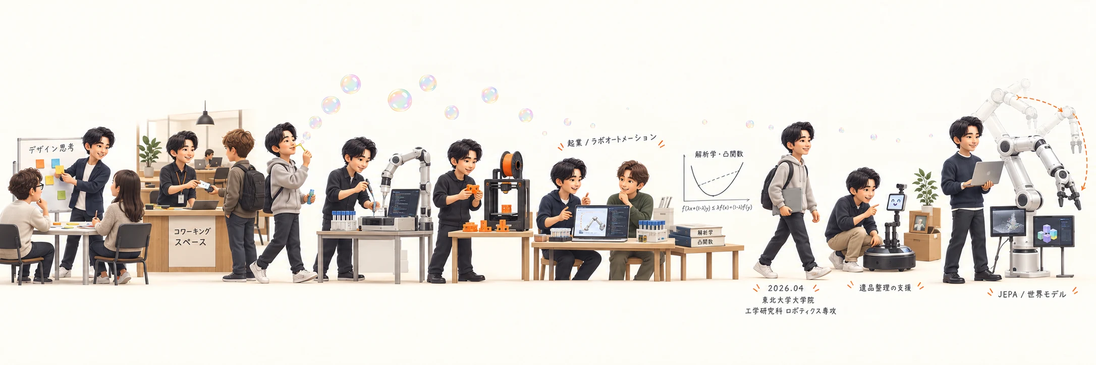 デザイン思考、施設運営のインターン、シャボン玉、実験自動化、3Dプリンタ、起業、解析学。2026年4月、大学院へ。対話する遺品整理ロボット、ロボットアームによるJEPA・ワールドモデル研究。