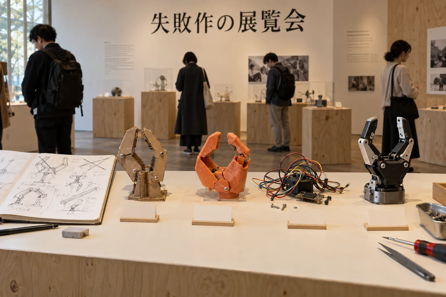 スケッチ、段ボールのロボットハンド、割れた試作品と完成品を並べた展覧会