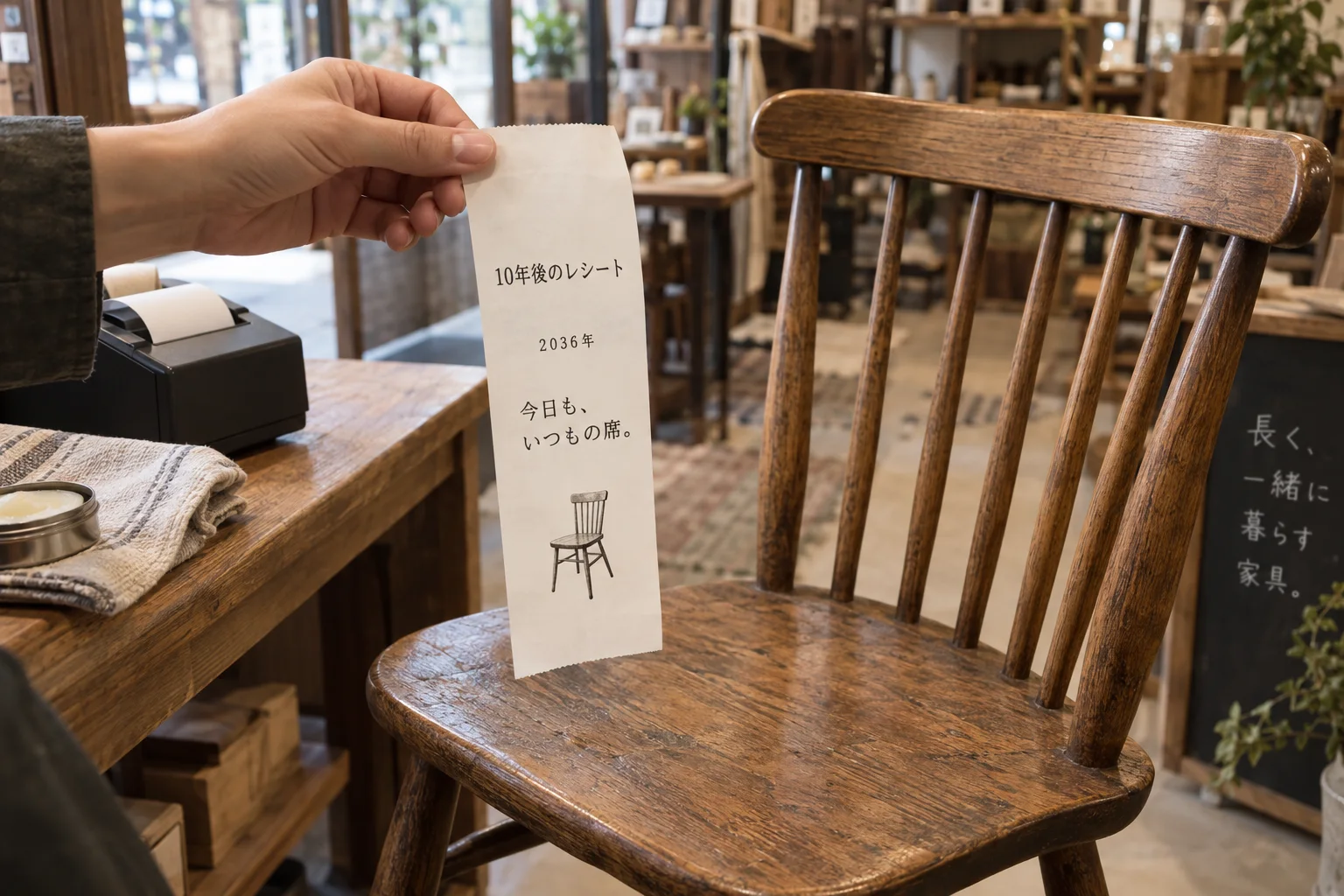 木の椅子の前で「2036年 今日も、いつもの席。」と印字されたレシートを持つ手