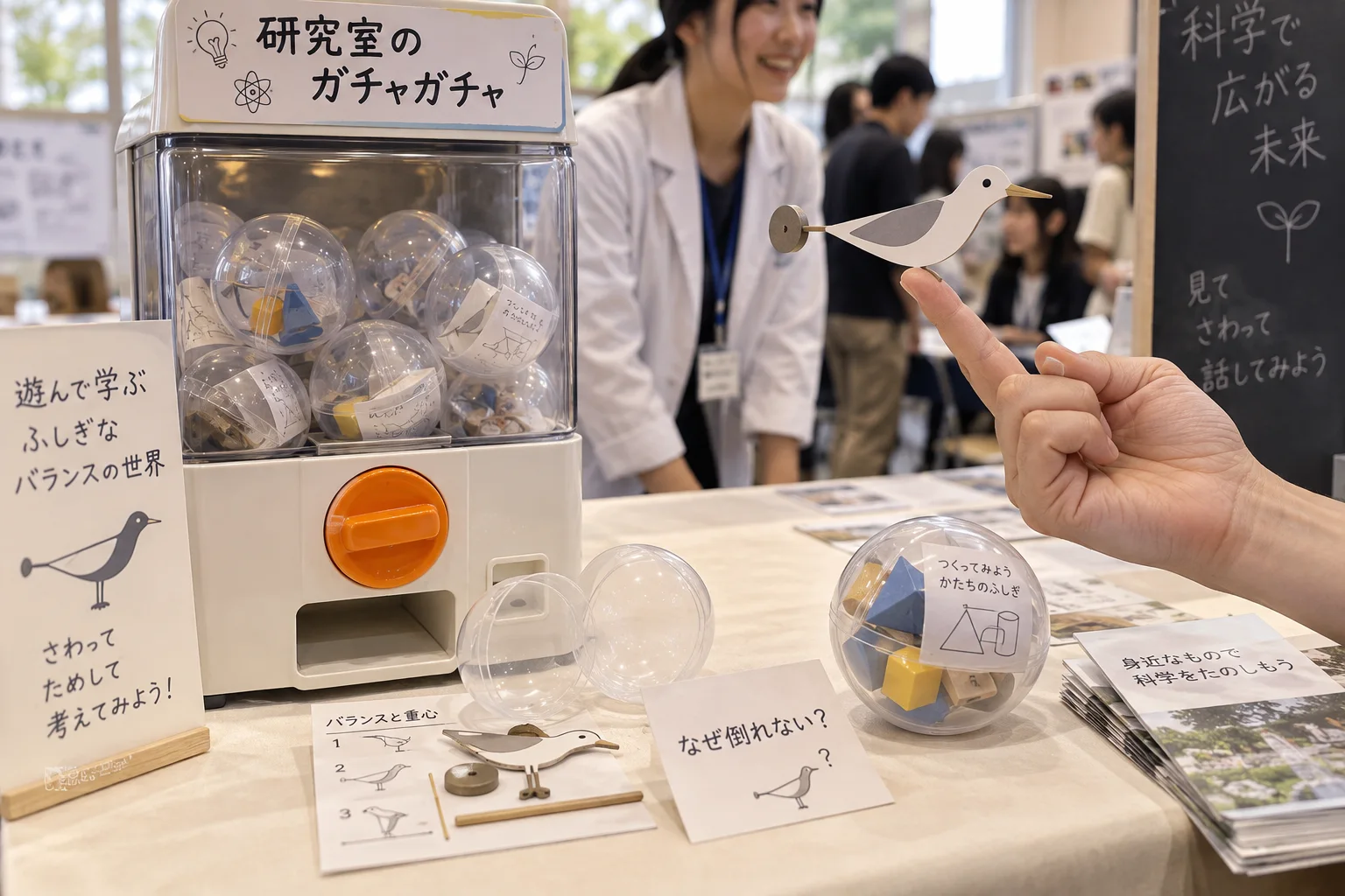 カプセルから出てきた実験カードと、指先でバランスを取る紙の鳥
