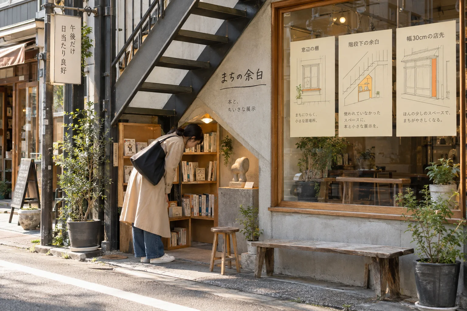 階段下の小さな本棚と、窓辺や店先の空間を紹介する物件風の掲示