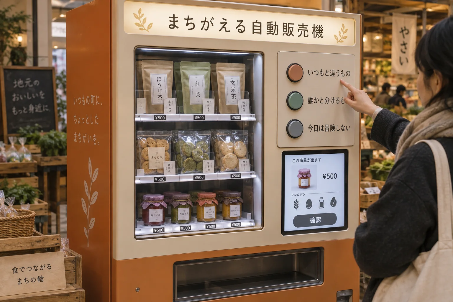 商品名ではなく気分のボタンで選び、購入前に商品情報を確認できる自動販売機