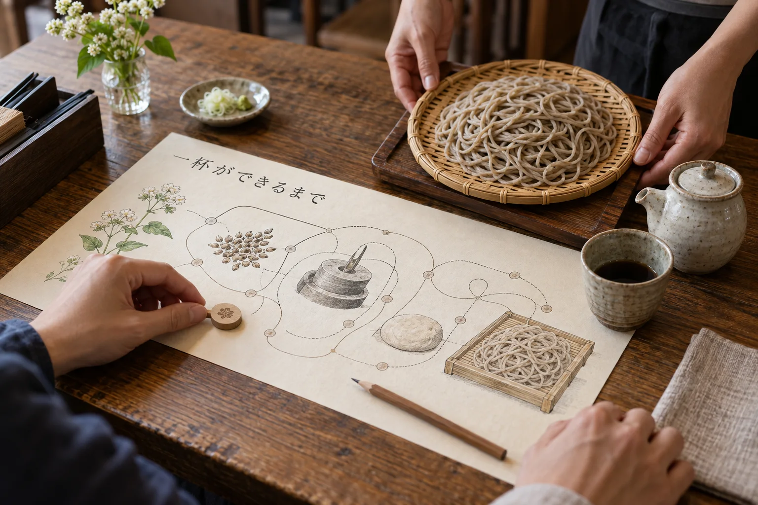 蕎麦ができるまでをたどる紙の謎解きと、運ばれてきたせいろが並ぶ食卓